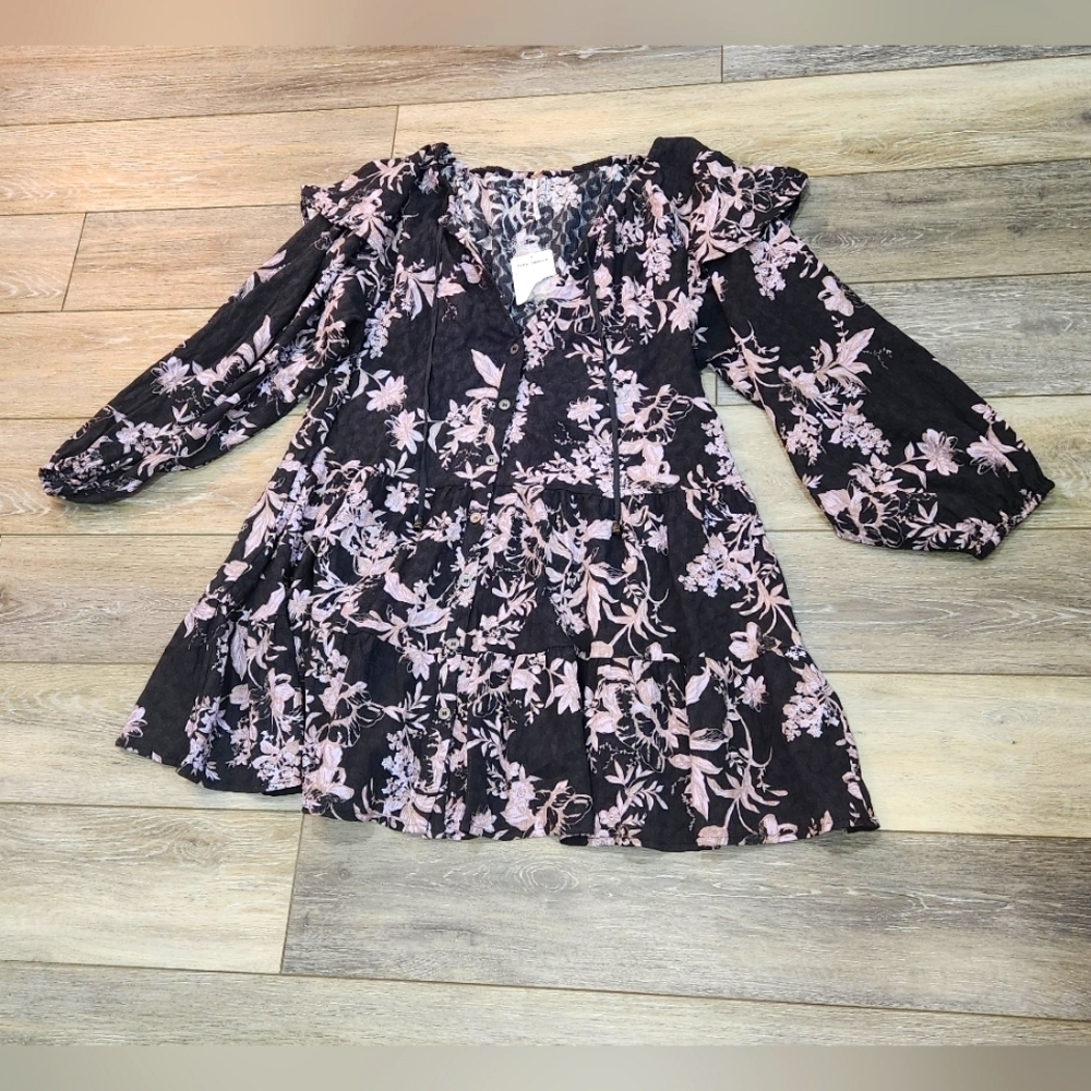 Free People Black and Light Pink Floral Mini Dress